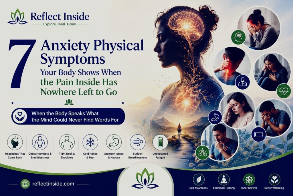 A young woman sitting alone with her head in her hands representing real anxiety physical symptoms caused by emotional stress