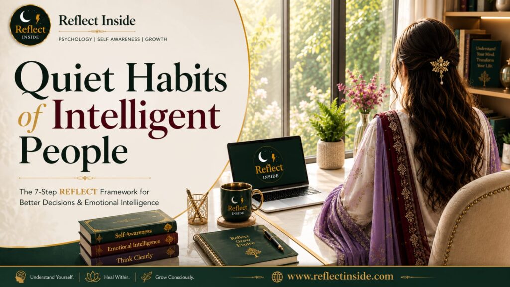Quiet Habits of Intelligent People – Premium Reflect Inside blog banner showing the 7 silent habits of intelligent people, self-awareness, emotional intelligence and personal growth.