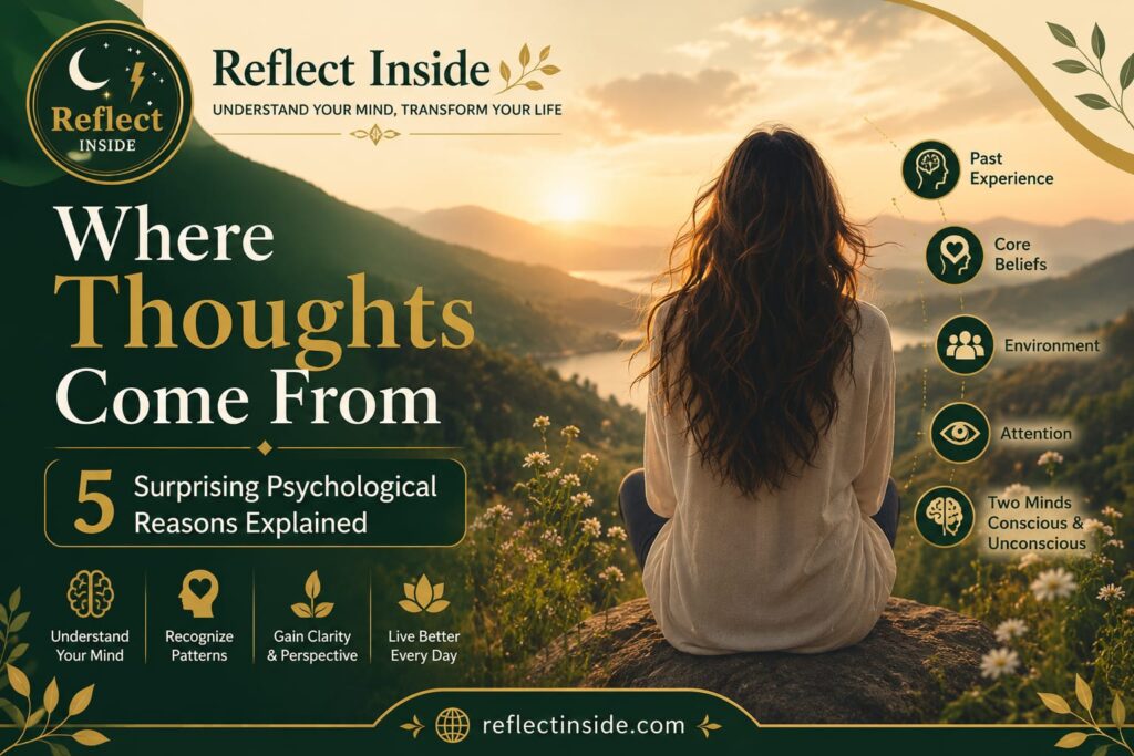Where Thoughts Come From psychology concept showing human mind, memory and thinking process