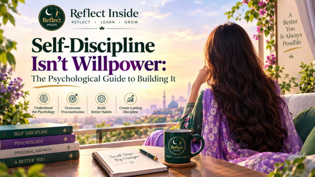 Self-discipline psychological guide by Reflect Inside with a woman reflecting in a green and purple setting
